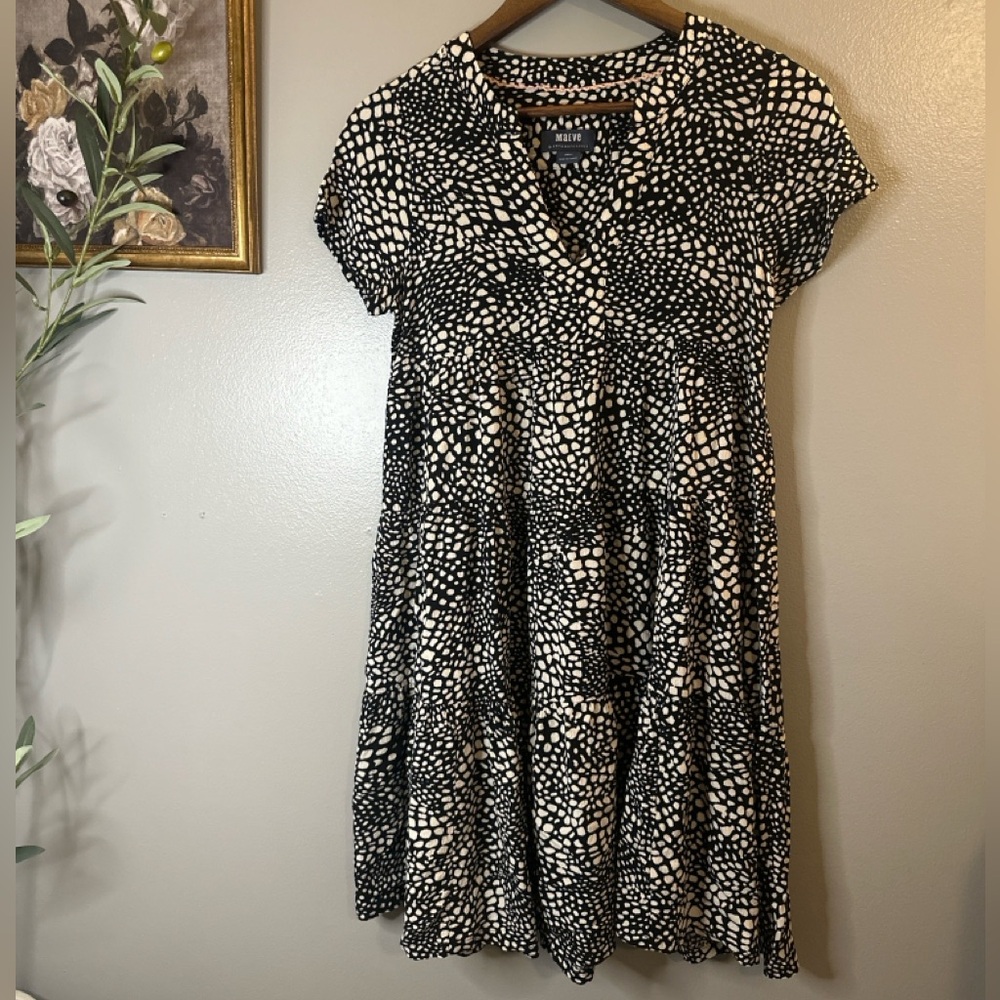 Maeve Anthropologie XS Black Cream Abstract Print Tiered Dress Boho Flowy Mini - Picture 2 of 7
